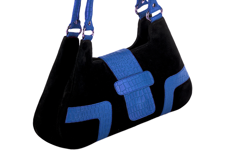 Matt black and electric blue women's dress handbag, matching pumps and belts. Front view - Florence KOOIJMAN